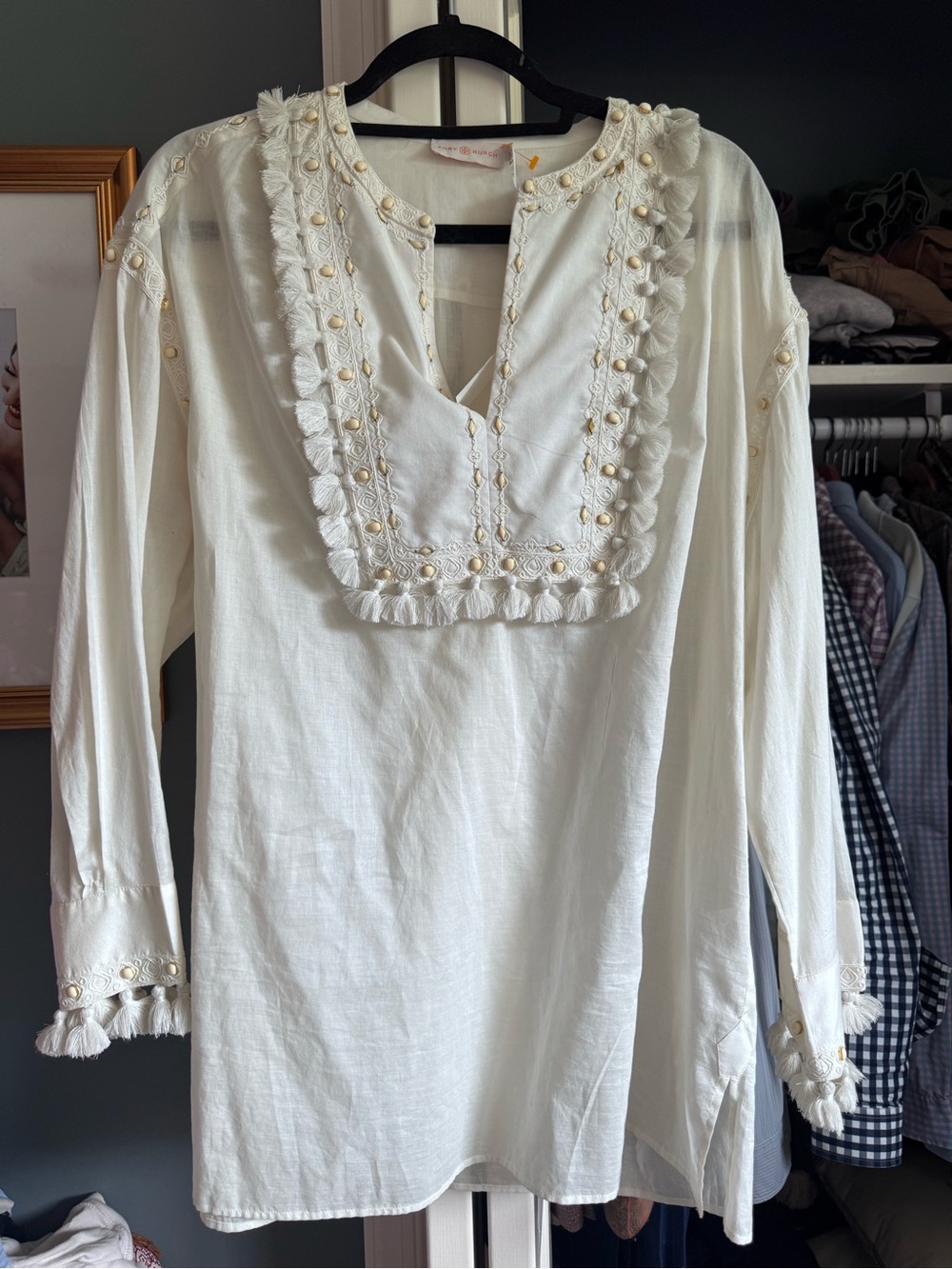 Tory Burch New Ivory Embellished Lizzie Tunic with Gold Accents
